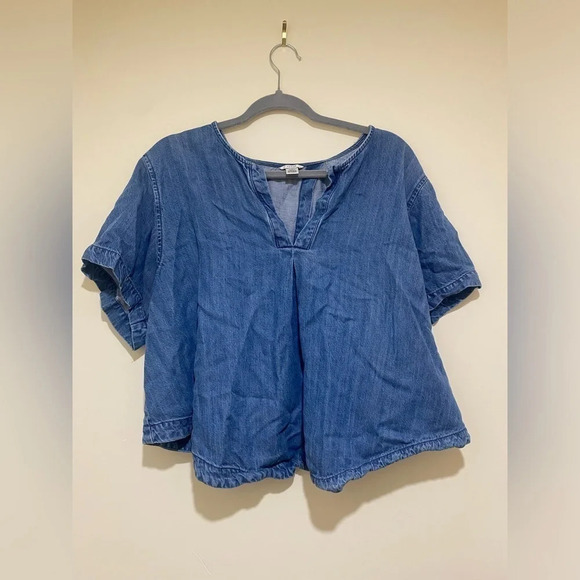 Guess women’s  spilt neck short sleeve denim blue blouse with open back size L - Picture 6 of 14